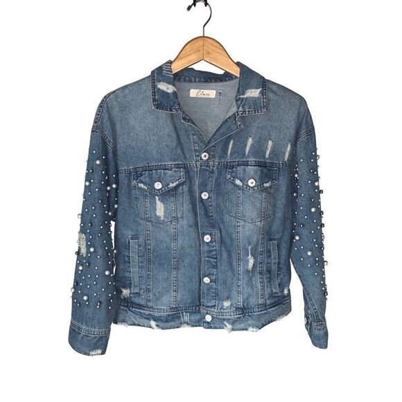 Elan Jackets & Blazers - Elan Distressed Blue Denim Jacket with Pearl Embellishments